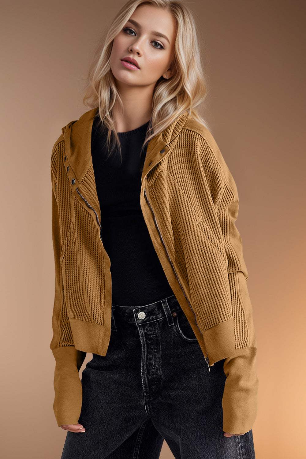 Double Take Waffle-Knit Zip Up Long Sleeve Hooded Jacket - Trendsi - Flyclothing LLC