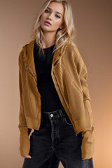 Double Take Waffle-Knit Zip Up Long Sleeve Hooded Jacket - Trendsi - Flyclothing LLC