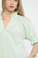 Umgee Textured Ruffle Sleeve V-Neck Top - Trendsi - Flyclothing LLC