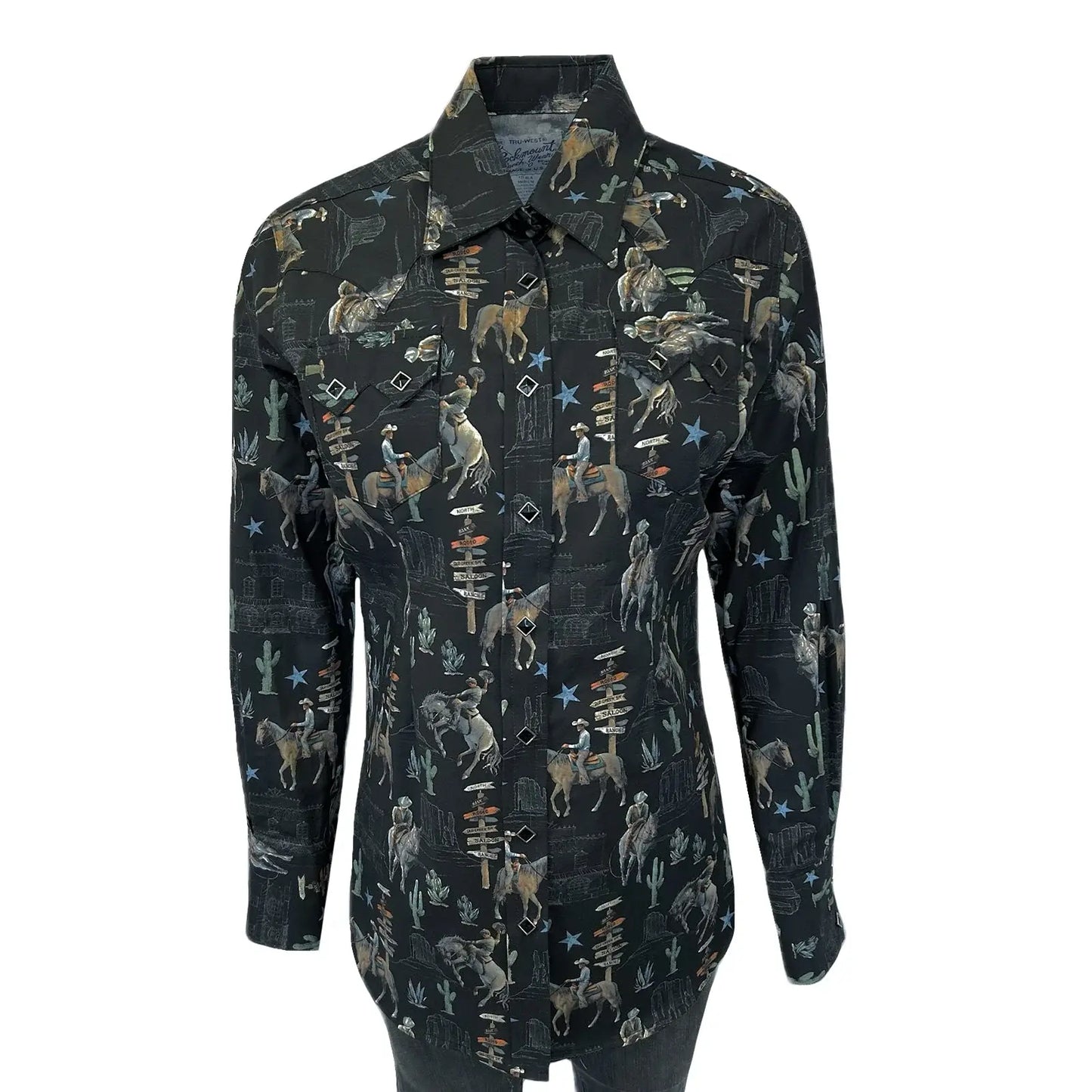 Rockmount Ranch Ware Womenâs Black Cactus & Cowboys Print Long Sleeve Western Shirt - Rockmount Clothing - Flyclothing LLC