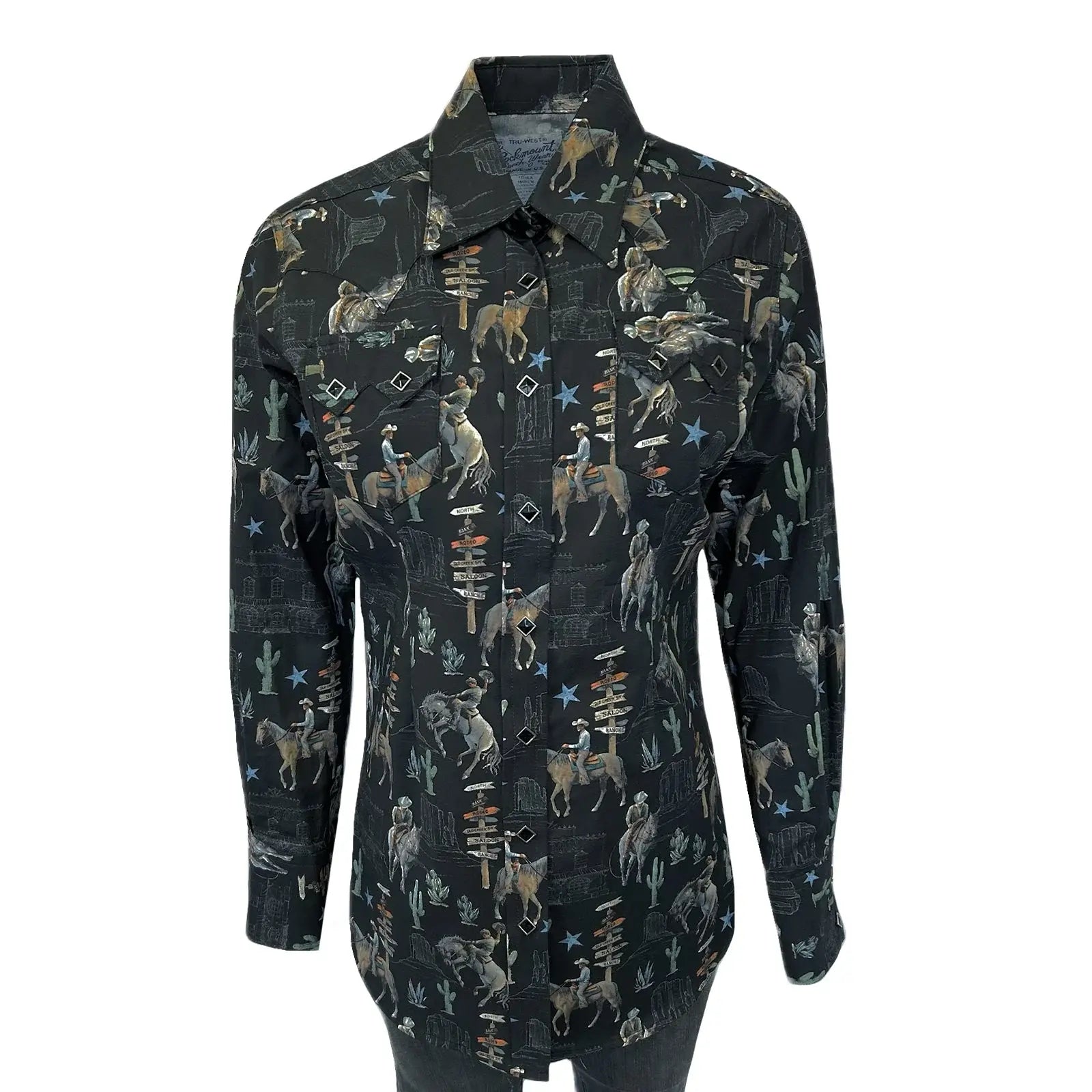 Rockmount Ranch Ware Womenâs Black Cactus & Cowboys Print Long Sleeve Western Shirt - Rockmount Clothing - Flyclothing LLC