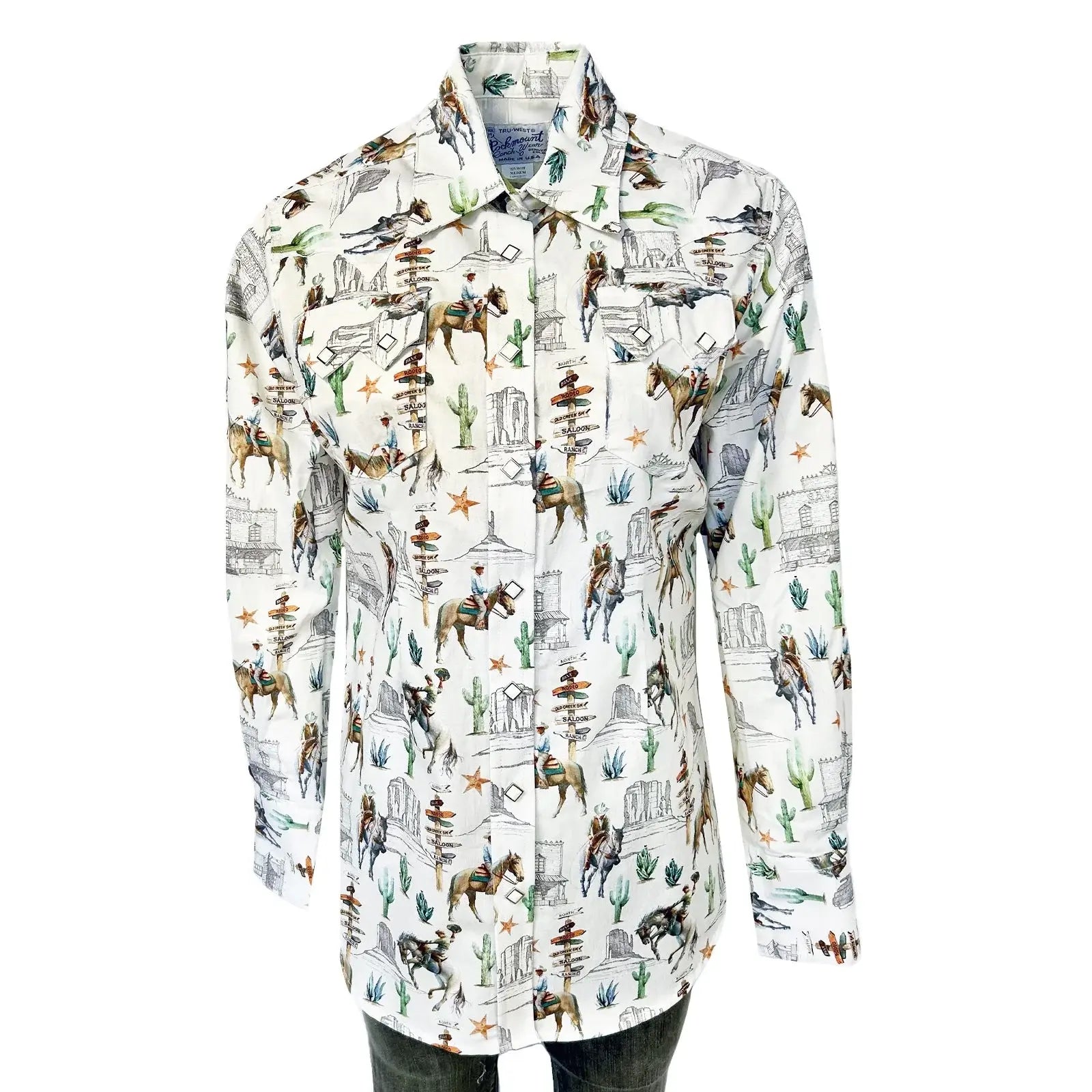Rockmount Ranch Ware Womenâs White Cactus & Cowboys Print Long Sleeve Western Shirt - Rockmount Clothing - Flyclothing LLC