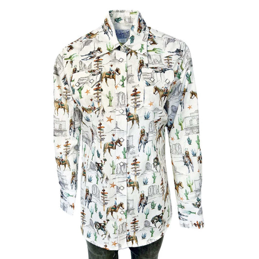 Rockmount Ranch Ware Womenâs White Cactus & Cowboys Print Long Sleeve Western Shirt - Rockmount Clothing - Flyclothing LLC