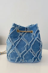 Chain Drawstring Raw Edge Denim Bucket Bag - Trendsi