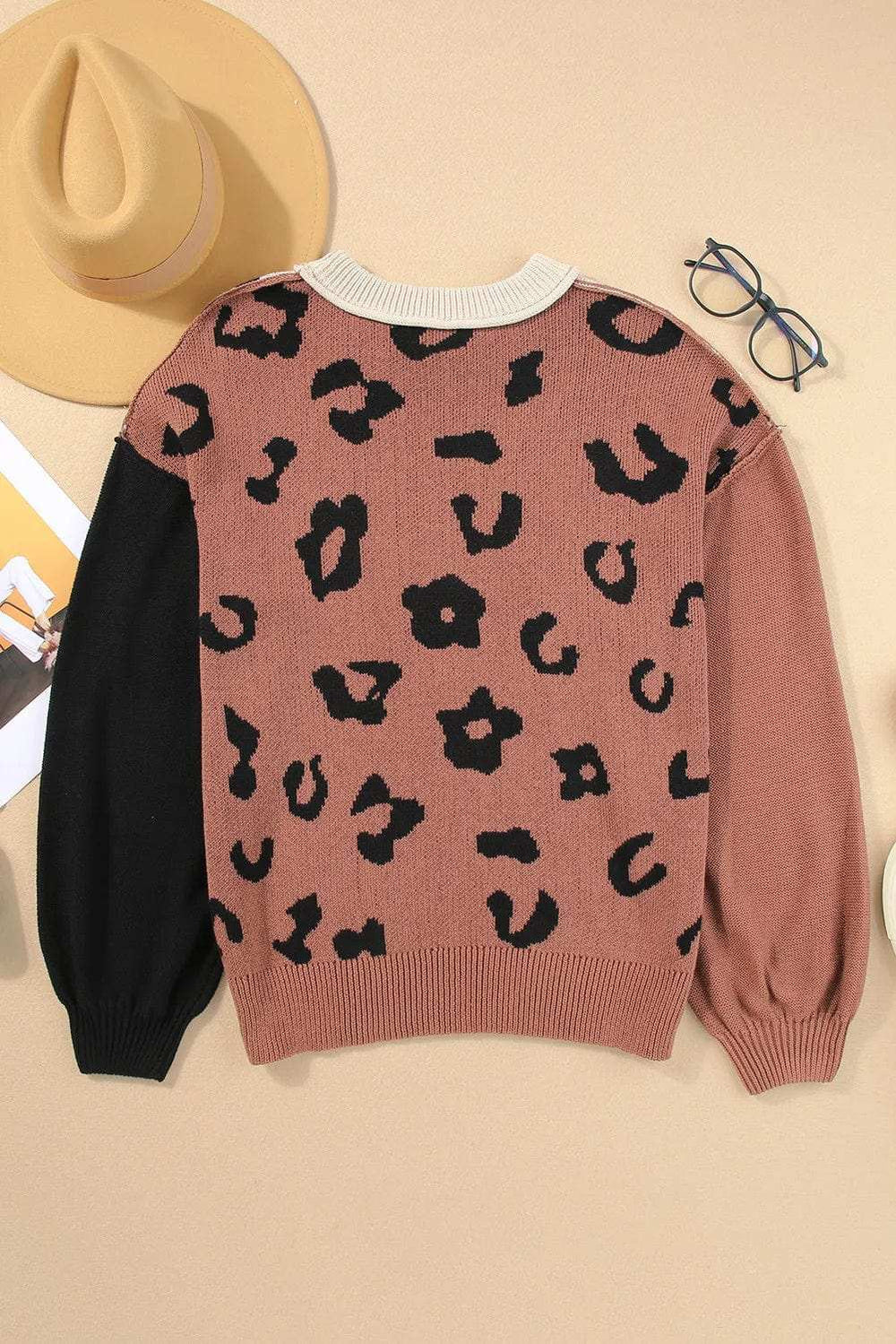Leopard Round Neck Long Sleeve Sweater - Trendsi - Flyclothing LLC