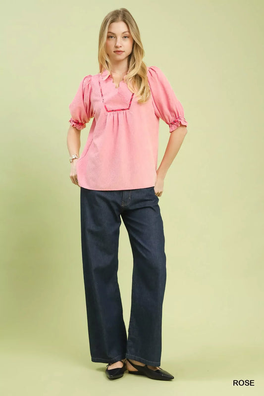 Umgee Scalloped Trim Blouse with Puff Sleeves - Trendsi - Flyclothing LLC