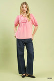 Umgee Scalloped Trim Blouse with Puff Sleeves - Trendsi - Flyclothing LLC