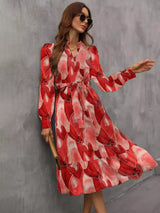 Notched Tie Waist Long Sleeve Dress - Trendsi - Flyclothing LLC