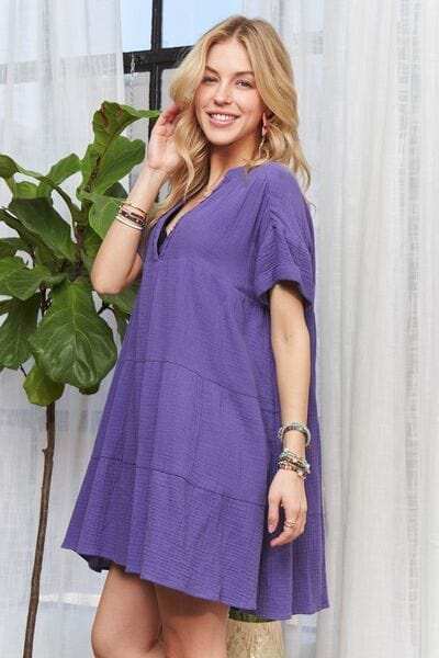 ADORA Tiered Notched Short Sleeve Dress - Trendsi - Flyclothing LLC