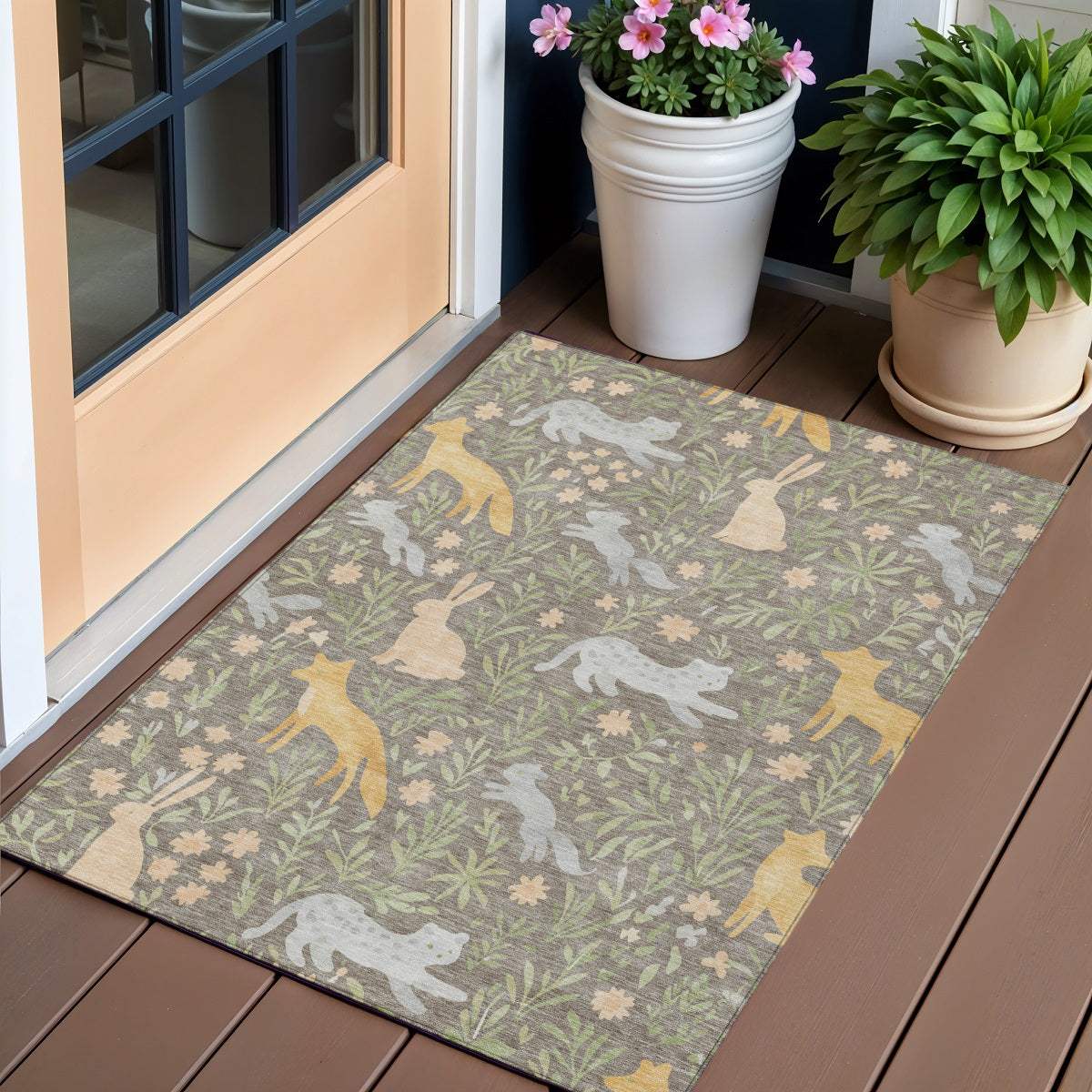 3' X 5' Taupe And Green Forest Animals And Botanical Leaves Washable Area Rug - HomeRoots - Flyclothing LLC