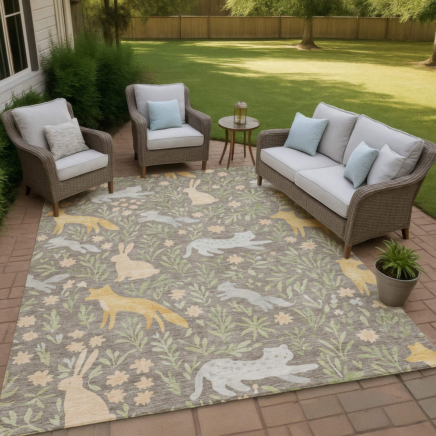 3' X 5' Taupe And Green Forest Animals And Botanical Leaves Washable Area Rug - HomeRoots - Flyclothing LLC