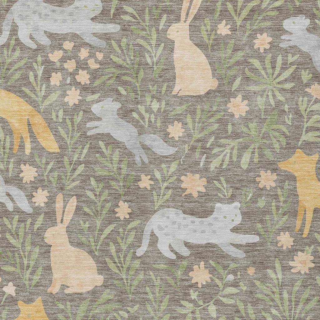 3' X 5' Taupe And Green Forest Animals And Botanical Leaves Washable Area Rug - HomeRoots - Flyclothing LLC
