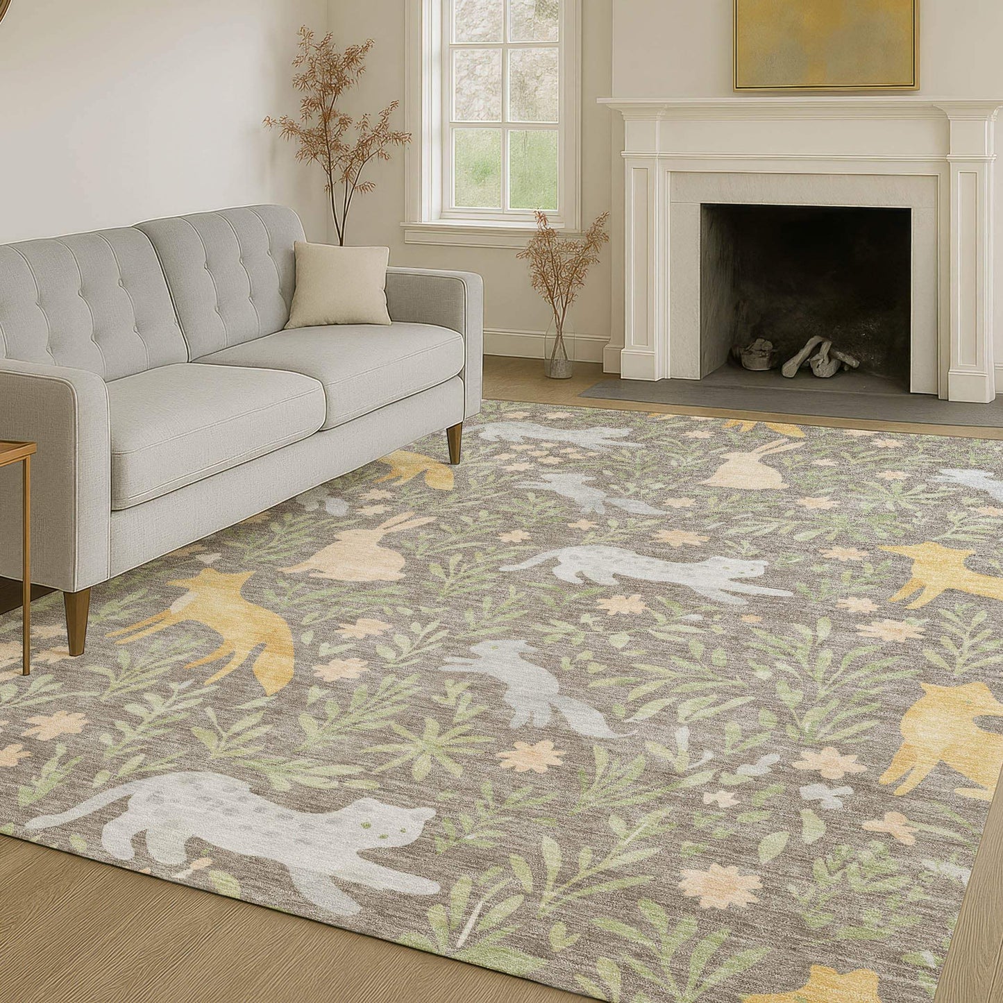 3' X 5' Taupe And Green Forest Animals And Botanical Leaves Washable Area Rug - HomeRoots - Flyclothing LLC