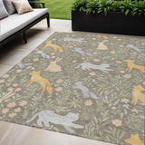 5' X 8' Taupe And Green Forest Animals And Botanical Leaves Washable Area Rug - HomeRoots - Flyclothing LLC