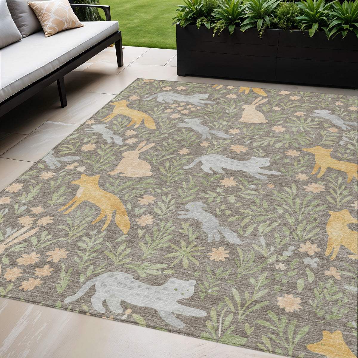 5' X 8' Taupe And Green Forest Animals And Botanical Leaves Washable Area Rug - HomeRoots - Flyclothing LLC