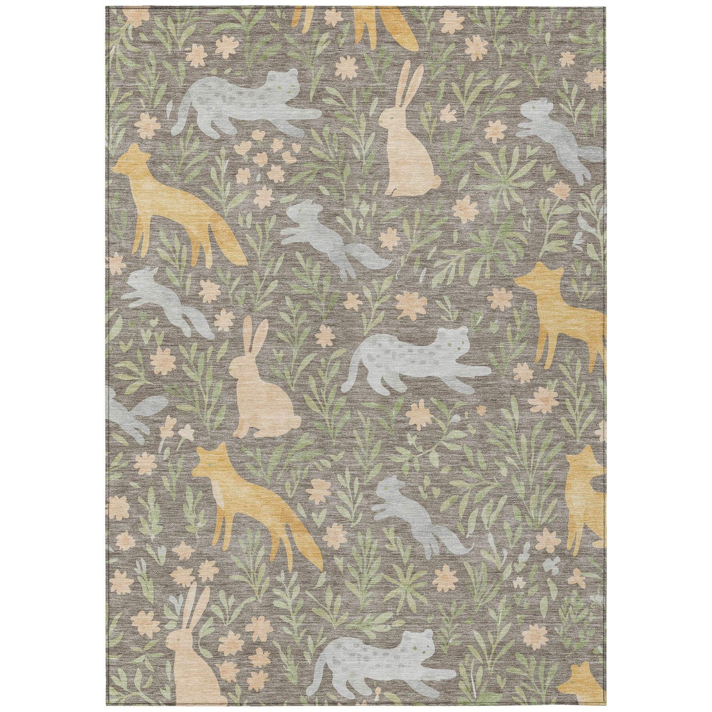 5' X 8' Taupe And Green Forest Animals And Botanical Leaves Washable Area Rug - HomeRoots - Flyclothing LLC