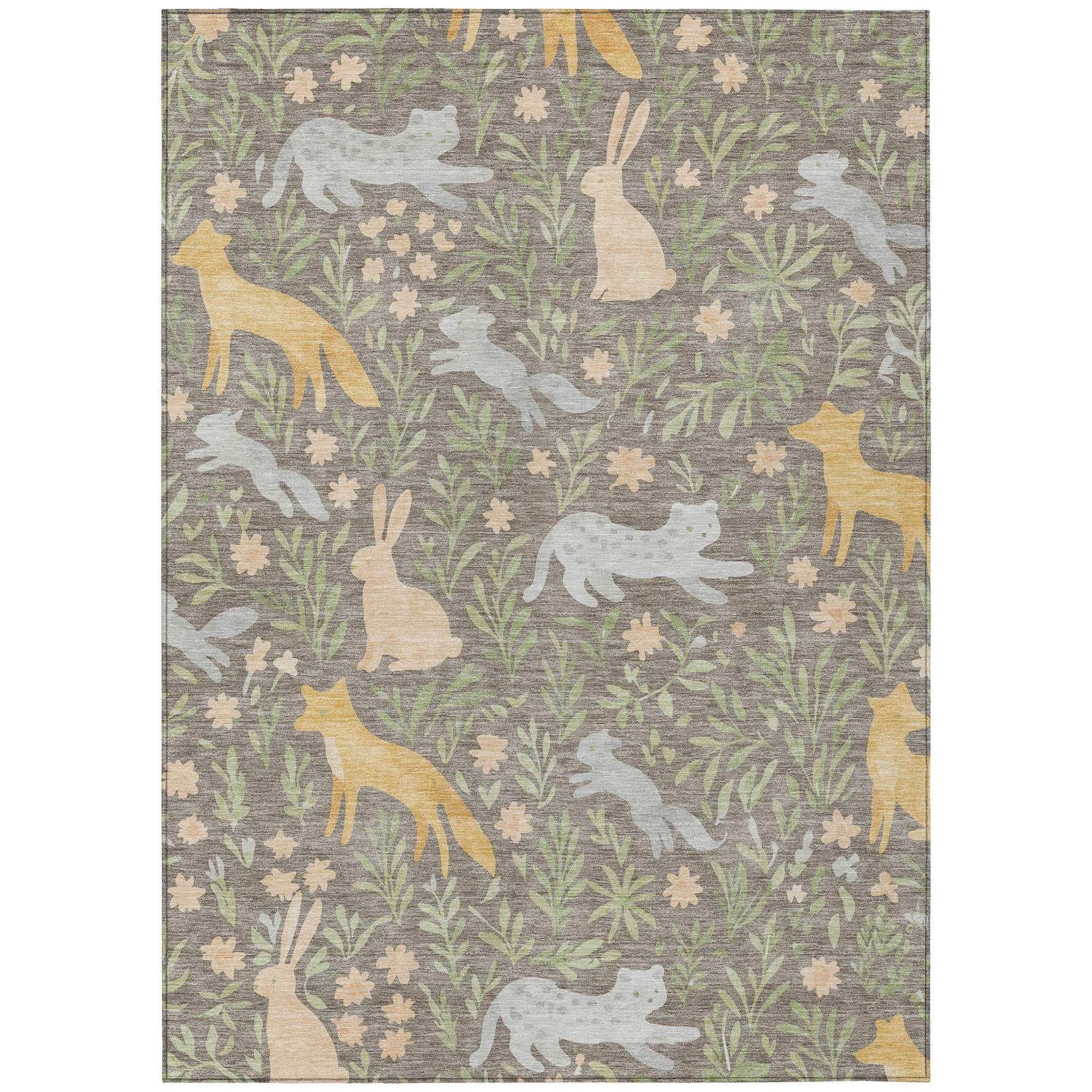 5' X 8' Taupe And Green Forest Animals And Botanical Leaves Washable Area Rug - HomeRoots - Flyclothing LLC