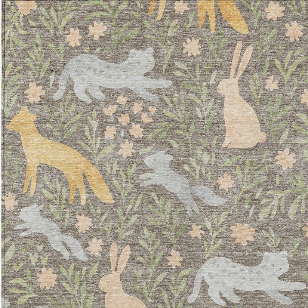 5' X 8' Taupe And Green Forest Animals And Botanical Leaves Washable Area Rug - HomeRoots - Flyclothing LLC