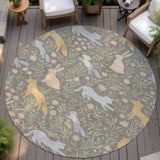 8' Taupe And Green Round Forest Animals Botanical Leaves Washable Round Area Rug - HomeRoots - Flyclothing LLC