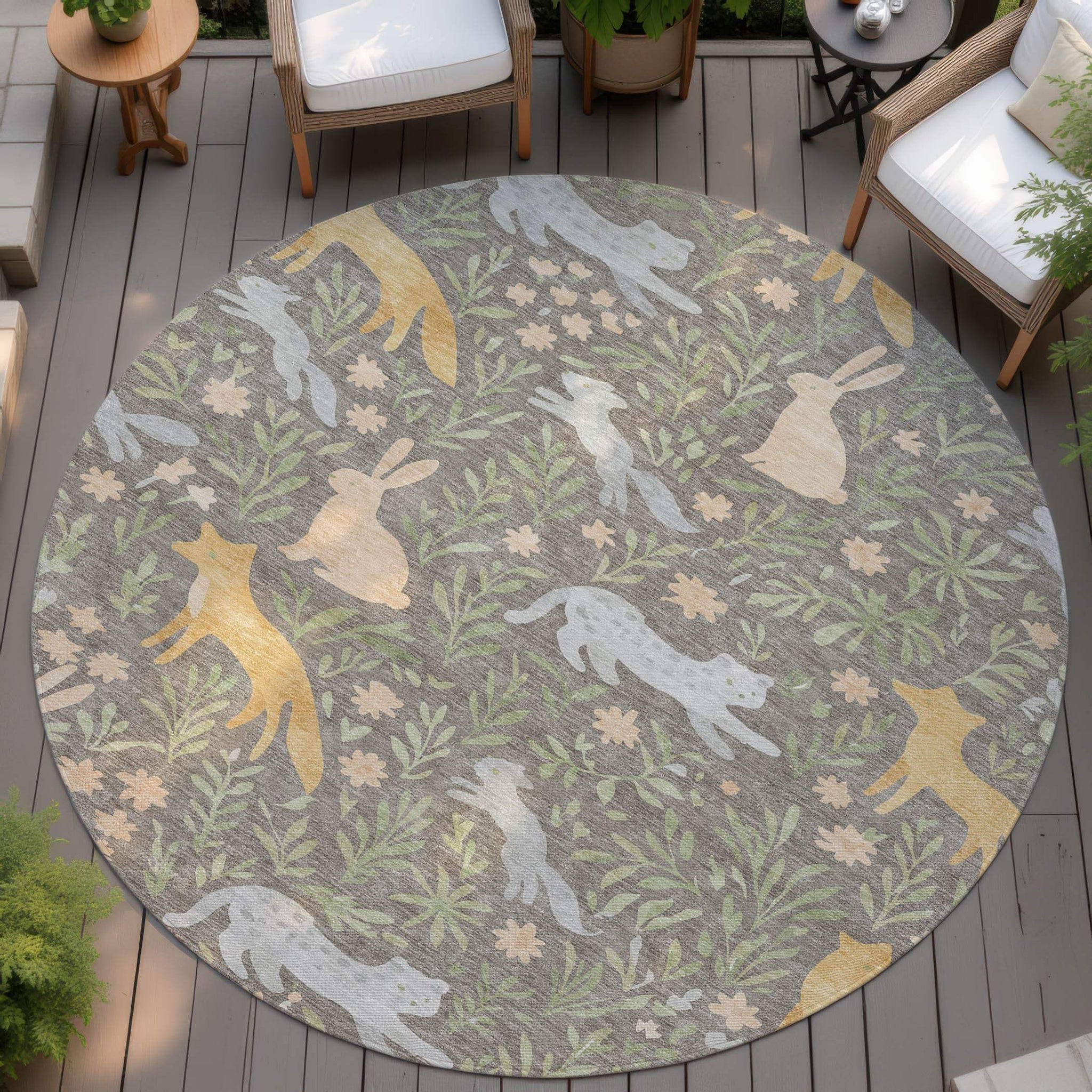 8' Taupe And Green Round Forest Animals Botanical Leaves Washable Round Area Rug - HomeRoots - Flyclothing LLC