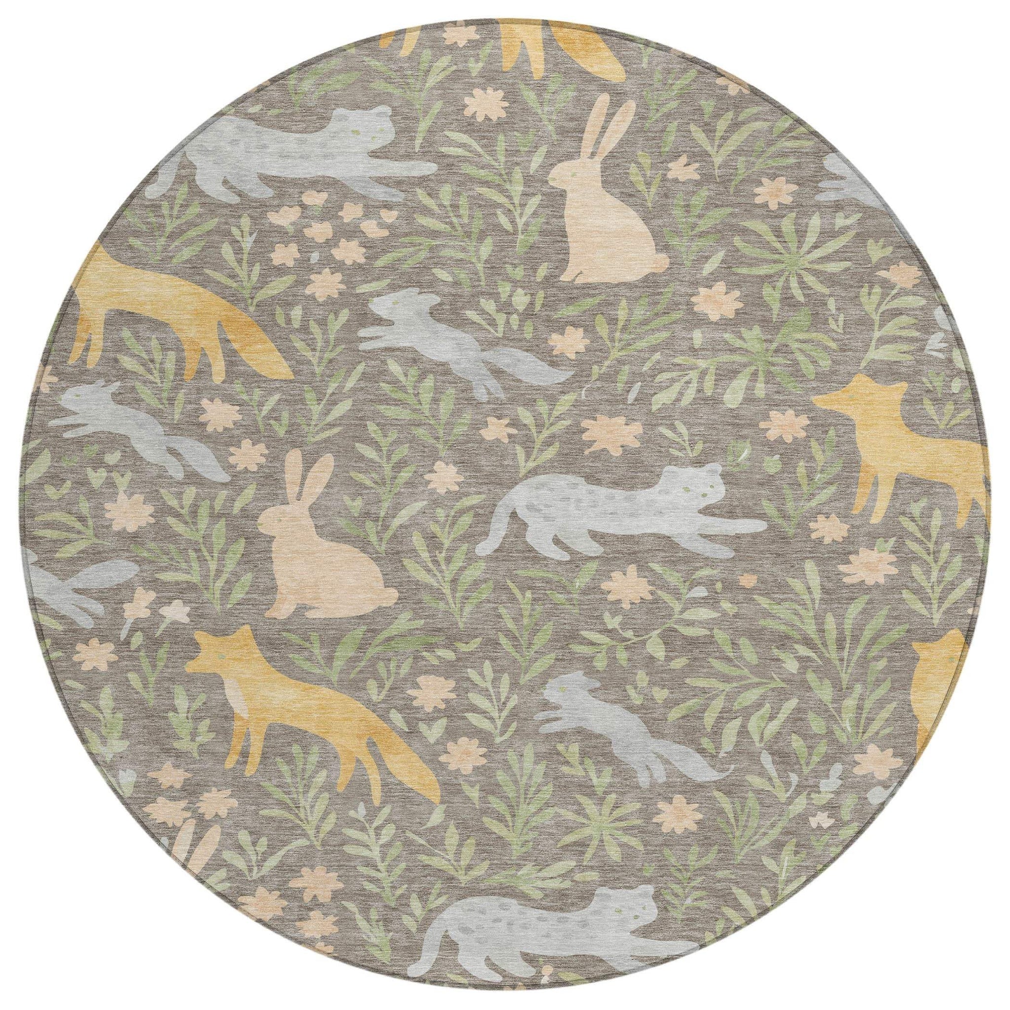 8' Taupe And Green Round Forest Animals Botanical Leaves Washable Round Area Rug - HomeRoots - Flyclothing LLC
