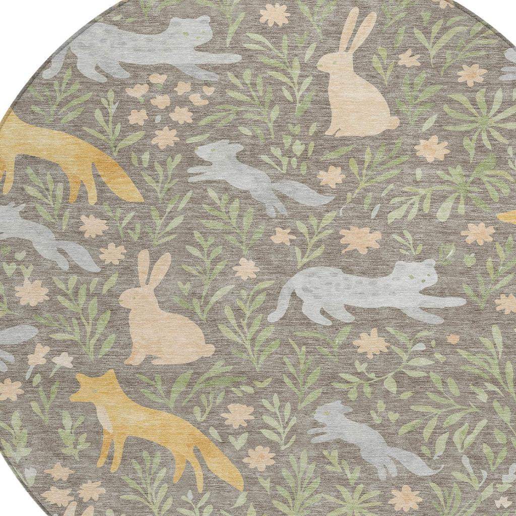 8' Taupe And Green Round Forest Animals Botanical Leaves Washable Round Area Rug - HomeRoots - Flyclothing LLC