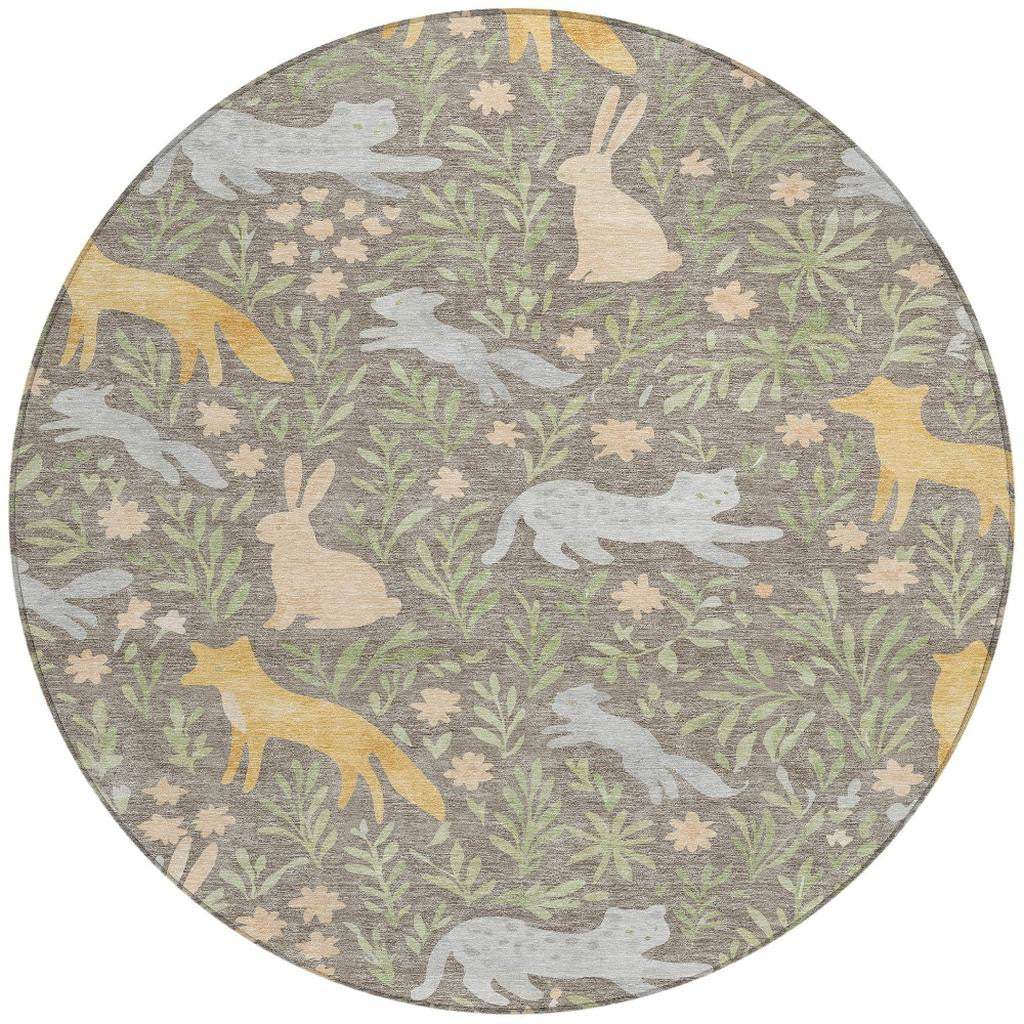 8' Taupe And Green Round Forest Animals Botanical Leaves Washable Round Area Rug - HomeRoots - Flyclothing LLC