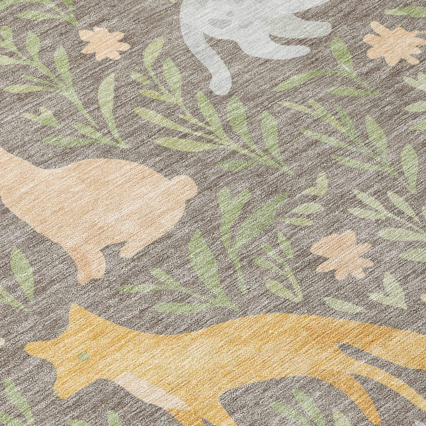 8' Taupe And Green Round Forest Animals Botanical Leaves Washable Round Area Rug - HomeRoots - Flyclothing LLC