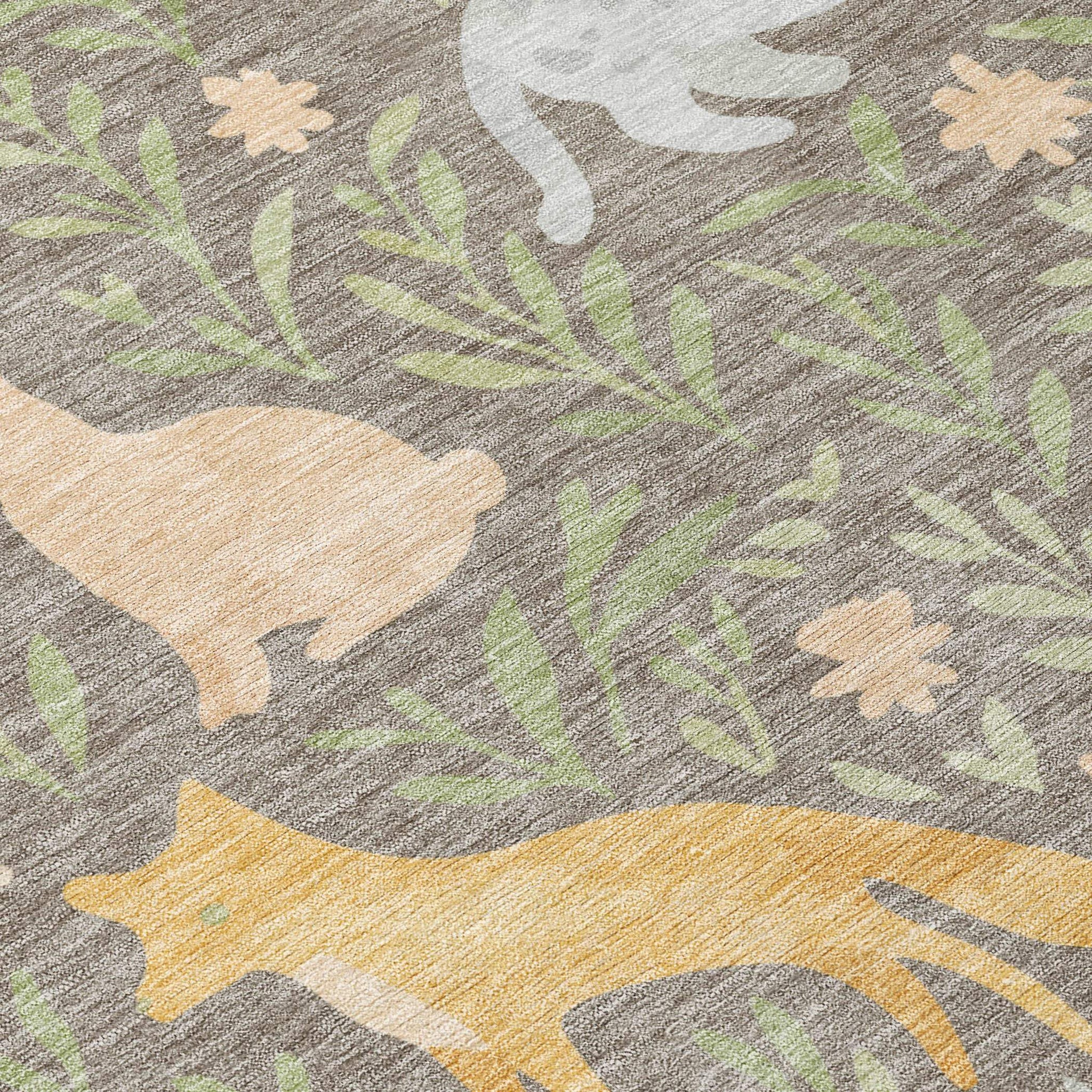 8' Taupe And Green Round Forest Animals Botanical Leaves Washable Round Area Rug - HomeRoots - Flyclothing LLC