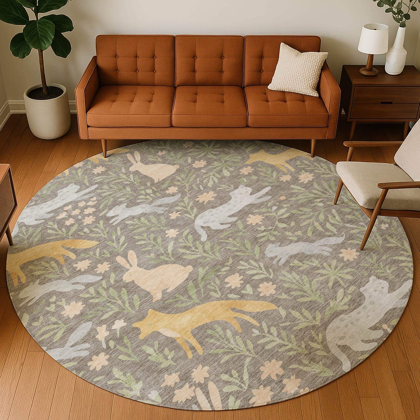 8' Taupe And Green Round Forest Animals Botanical Leaves Washable Round Area Rug - HomeRoots - Flyclothing LLC