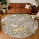 8' Taupe And Green Round Forest Animals Botanical Leaves Washable Round Area Rug - HomeRoots - Flyclothing LLC
