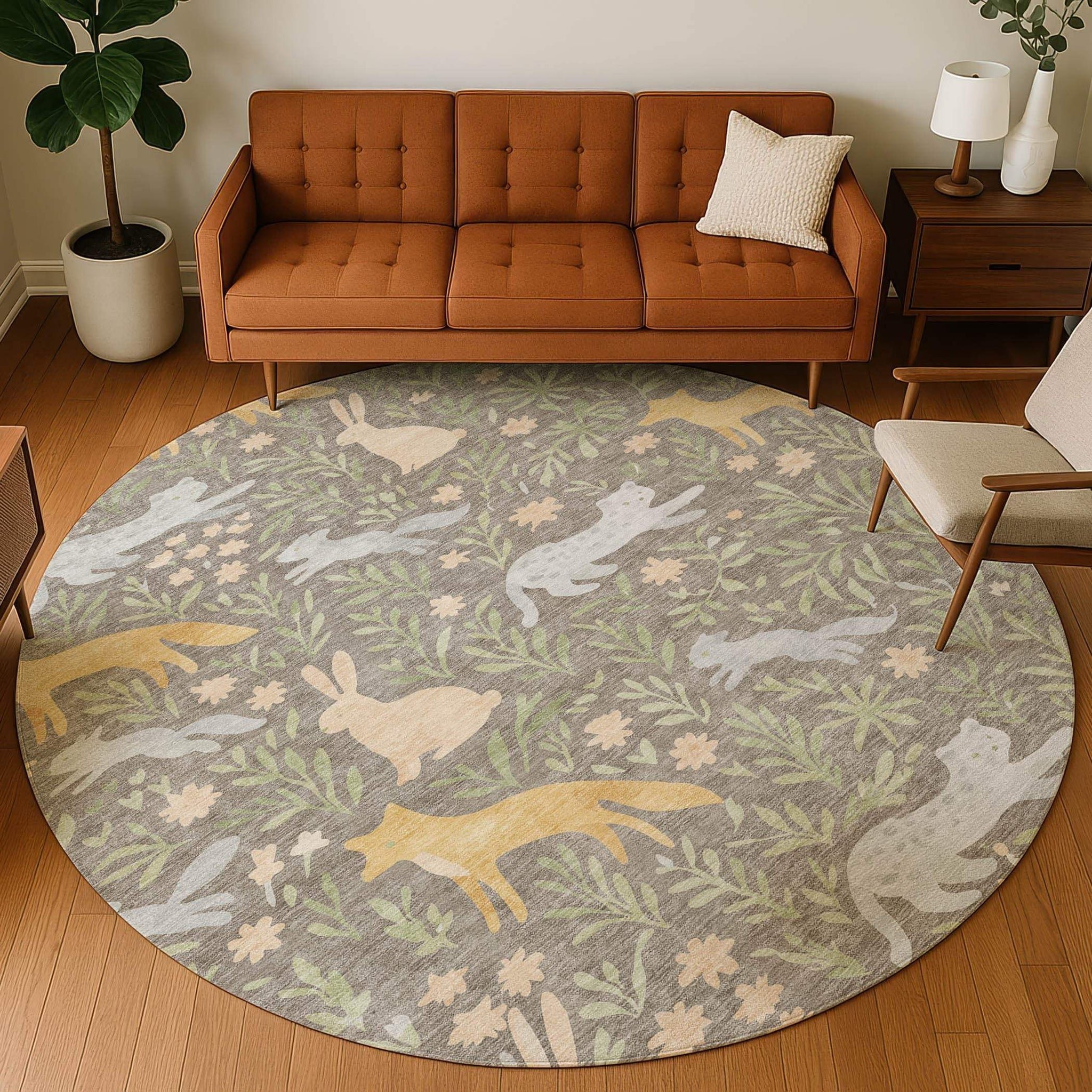 8' Taupe And Green Round Forest Animals Botanical Leaves Washable Round Area Rug - HomeRoots - Flyclothing LLC