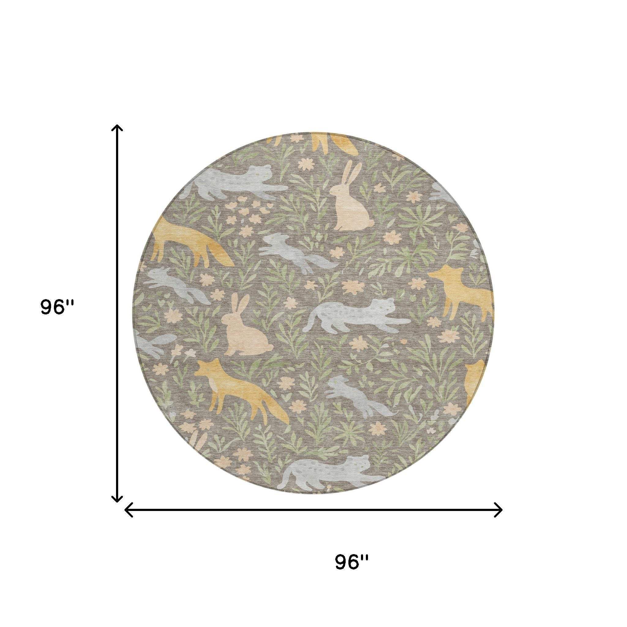 8' Taupe And Green Round Forest Animals Botanical Leaves Washable Round Area Rug - HomeRoots - Flyclothing LLC