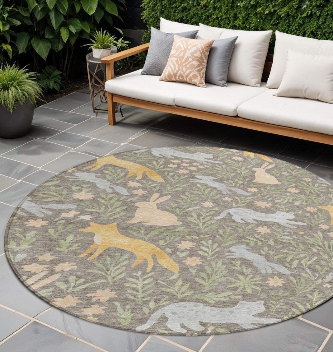8' Taupe And Green Round Forest Animals Botanical Leaves Washable Round Area Rug - HomeRoots - Flyclothing LLC