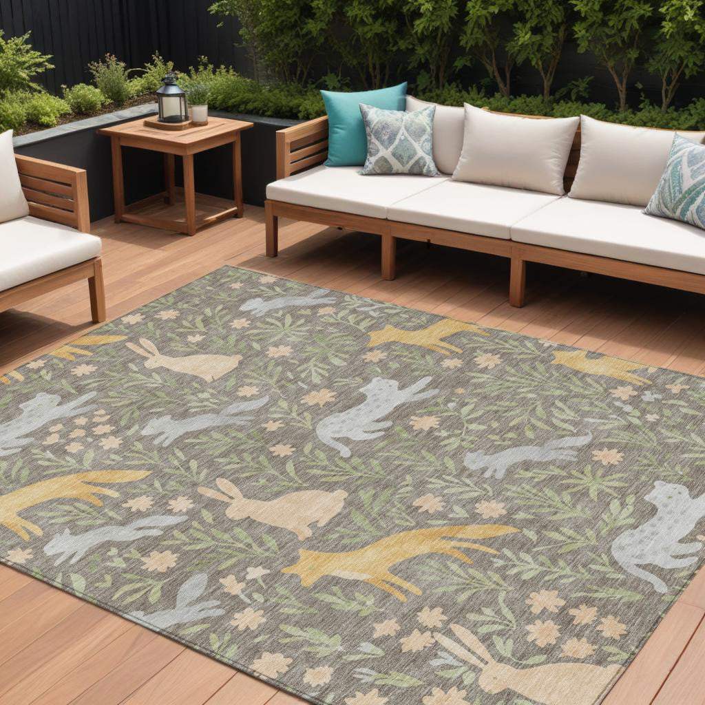 8' X 10' Taupe And Green Forest Animals And Botanical Leaves Washable Area Rug - HomeRoots - Flyclothing LLC