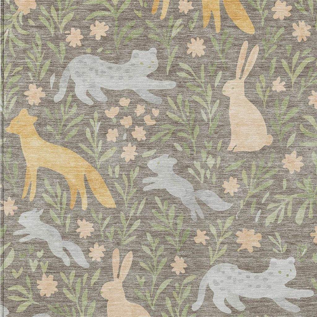8' X 10' Taupe And Green Forest Animals And Botanical Leaves Washable Area Rug - HomeRoots - Flyclothing LLC
