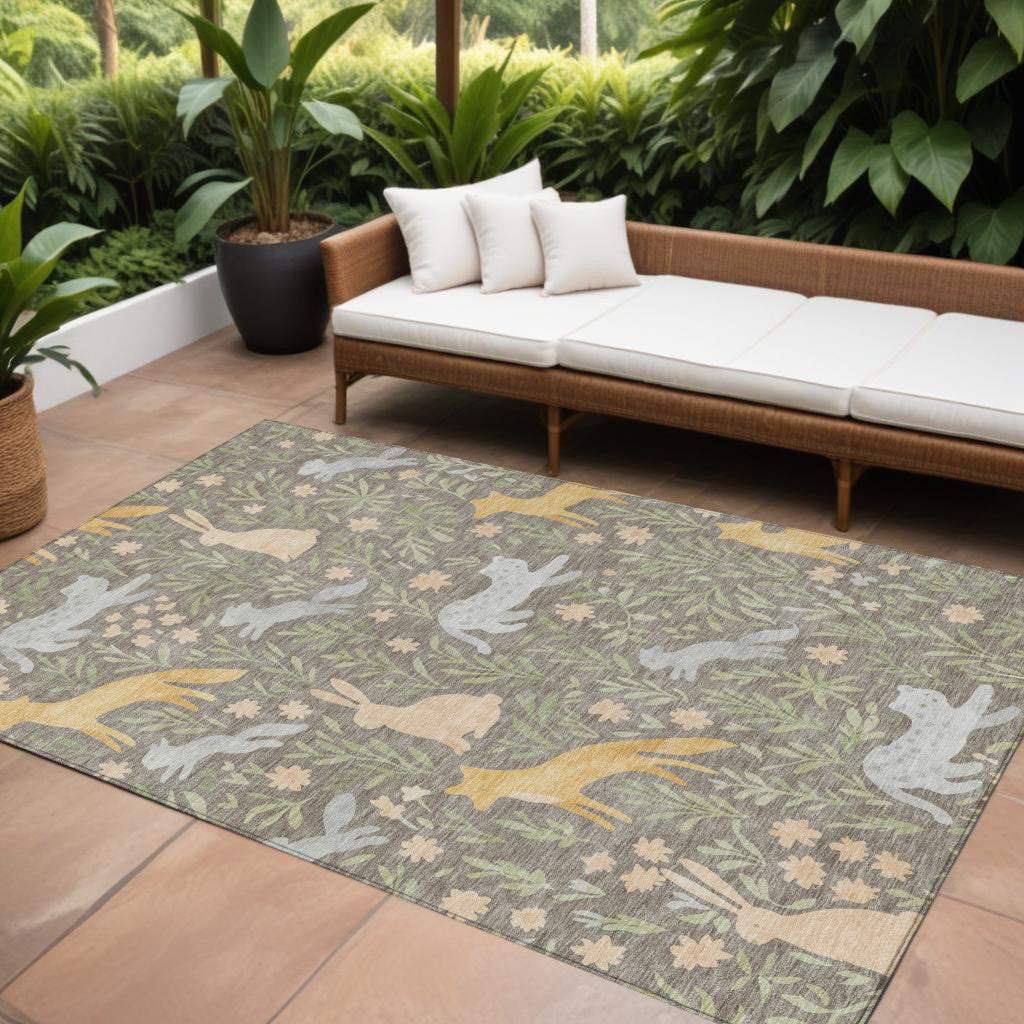 9' X 12' Taupe And Green Forest Animals And Botanical Leaves Washable Area Rug - HomeRoots - Flyclothing LLC