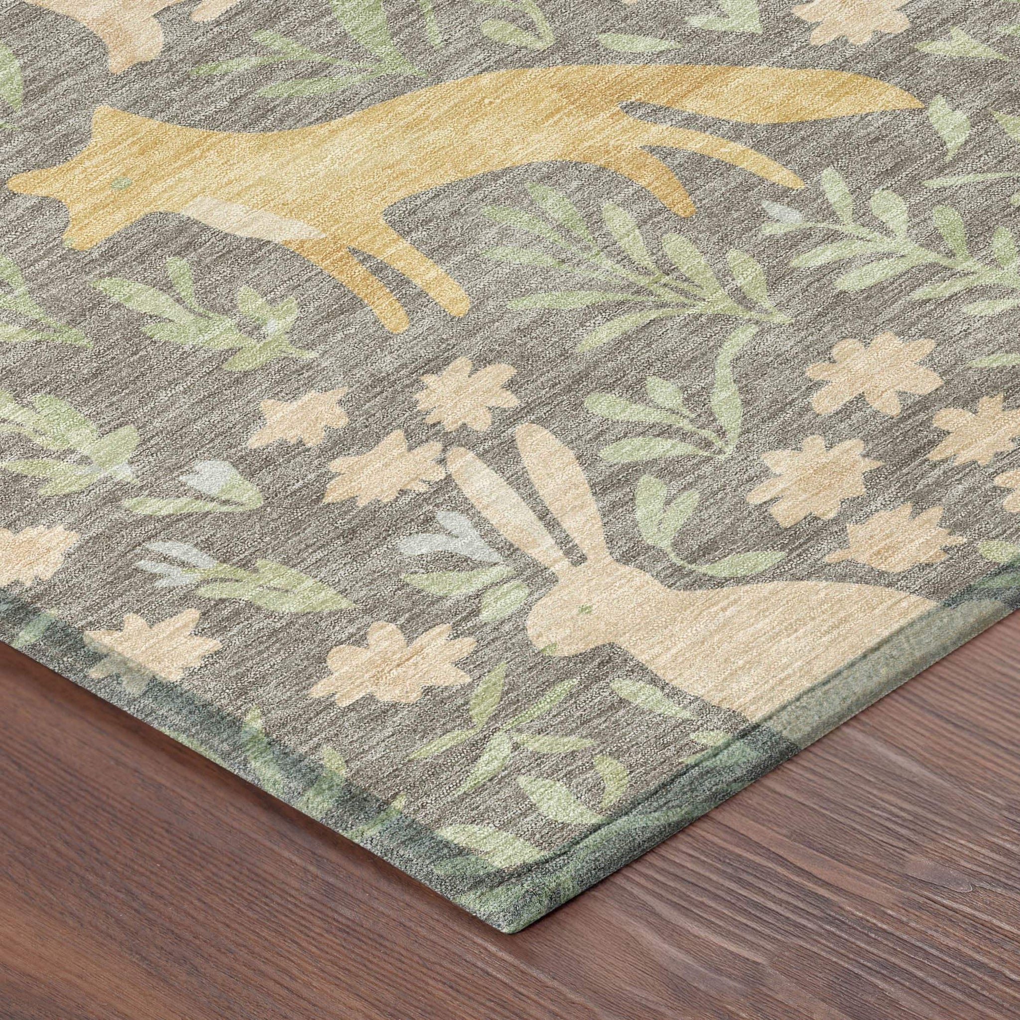 9' X 12' Taupe And Green Forest Animals And Botanical Leaves Washable Area Rug - HomeRoots - Flyclothing LLC