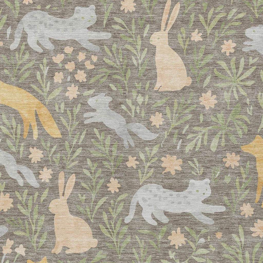 9' X 12' Taupe And Green Forest Animals And Botanical Leaves Washable Area Rug - HomeRoots - Flyclothing LLC