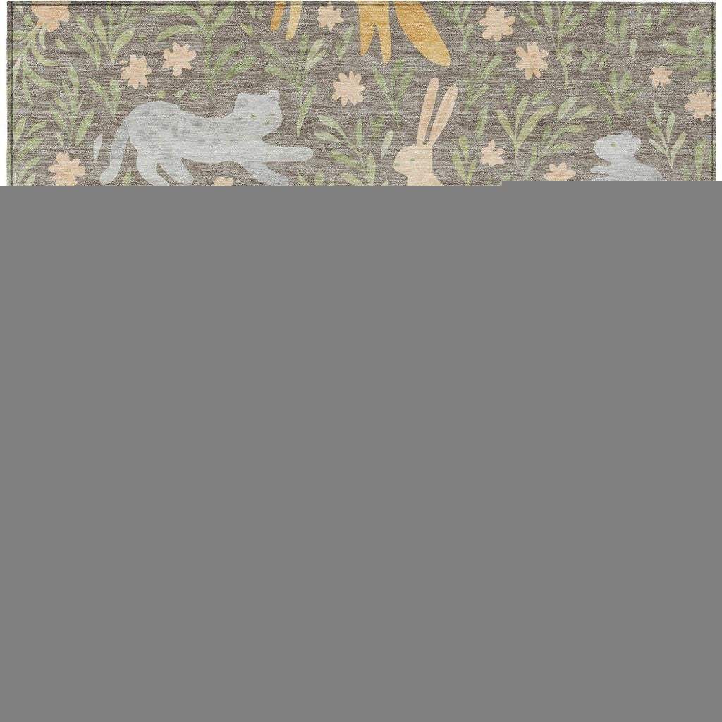 9' X 12' Taupe And Green Forest Animals And Botanical Leaves Washable Area Rug - HomeRoots - Flyclothing LLC
