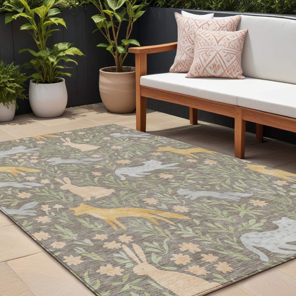 10' X 14' Taupe And Green Forest Animals And Botanical Leaves Washable Area Rug - HomeRoots - Flyclothing LLC