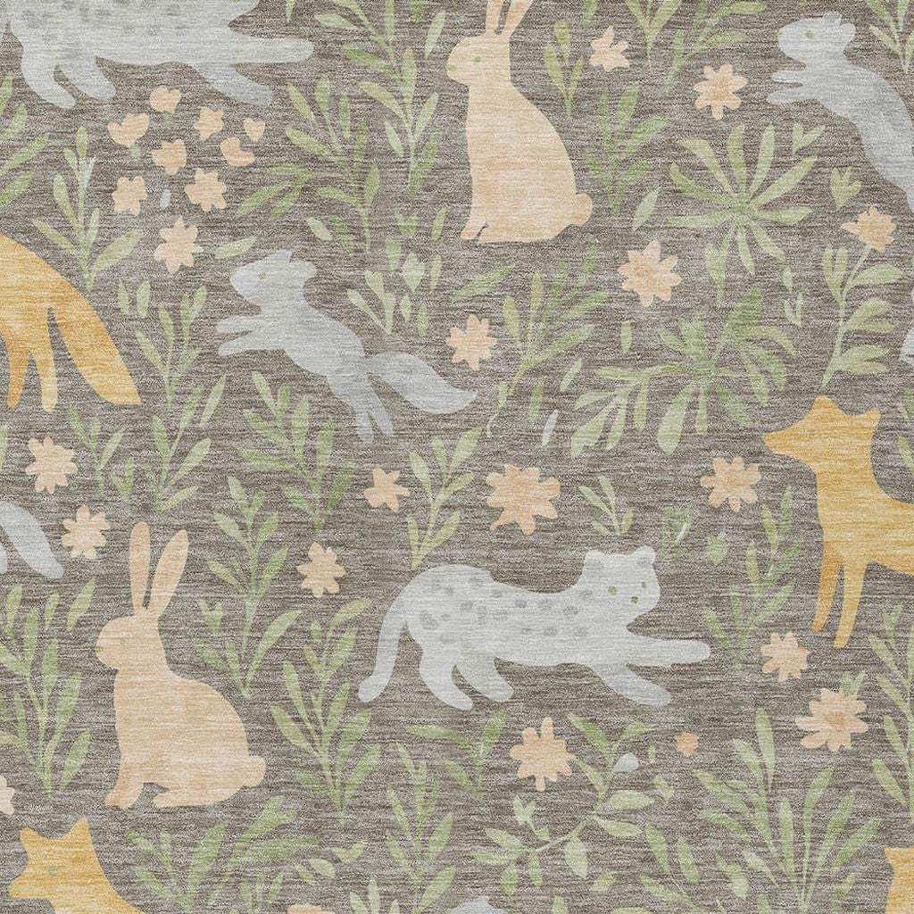 10' X 14' Taupe And Green Forest Animals And Botanical Leaves Washable Area Rug - HomeRoots - Flyclothing LLC