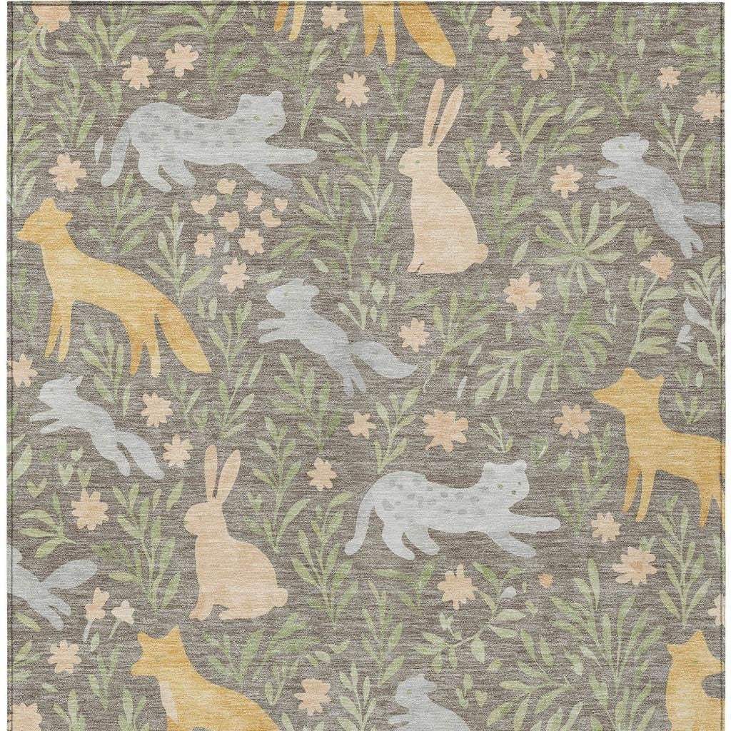 10' X 14' Taupe And Green Forest Animals And Botanical Leaves Washable Area Rug - HomeRoots - Flyclothing LLC
