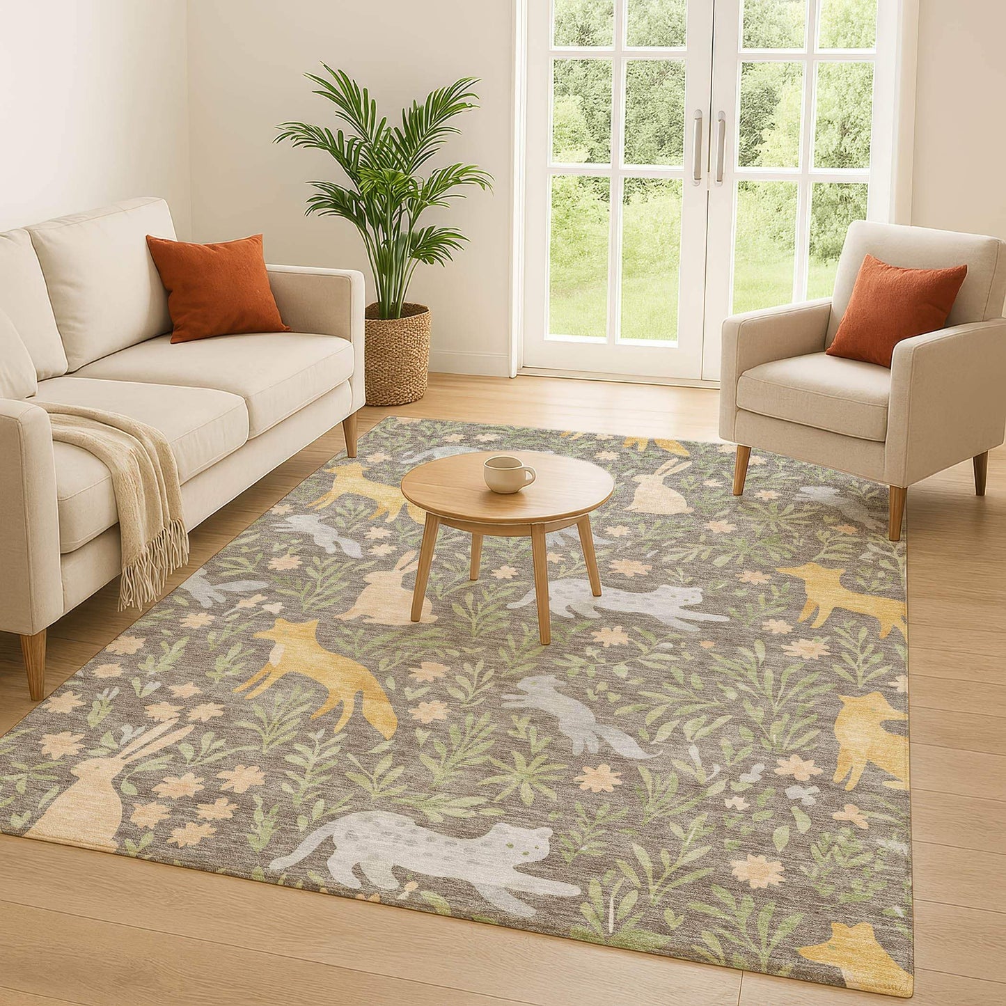 10' X 14' Taupe And Green Forest Animals And Botanical Leaves Washable Area Rug - HomeRoots - Flyclothing LLC