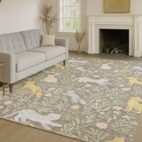 10' X 14' Taupe And Green Forest Animals And Botanical Leaves Washable Area Rug - HomeRoots - Flyclothing LLC