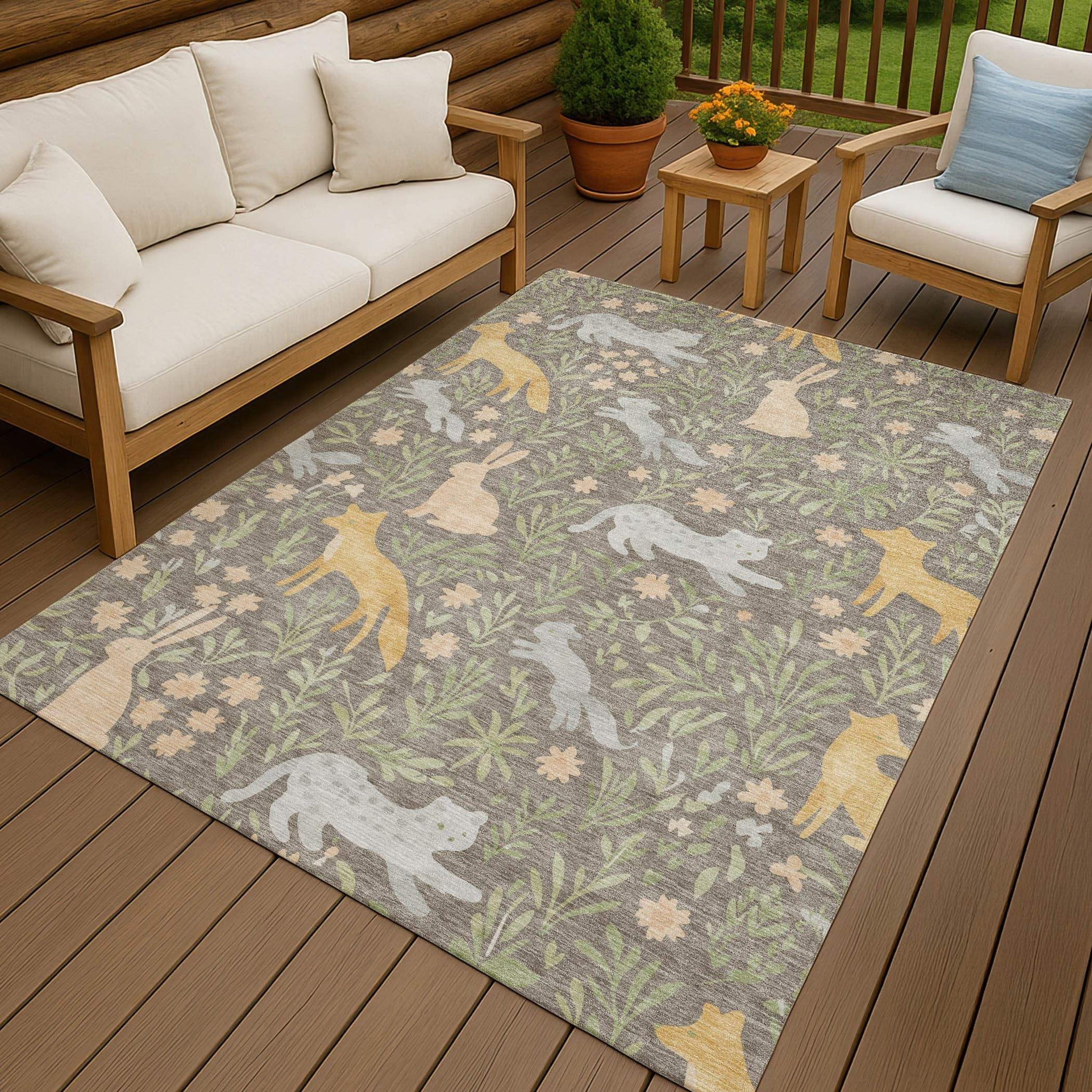 10' X 14' Taupe And Green Forest Animals And Botanical Leaves Washable Area Rug - HomeRoots - Flyclothing LLC