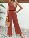 Lace Trim Round Neck Top and Pants Set - Trendsi - Flyclothing LLC