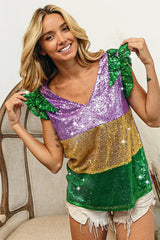 BiBi Mardi Gras Sequin Color Block Ruffled Top - Trendsi - Flyclothing LLC