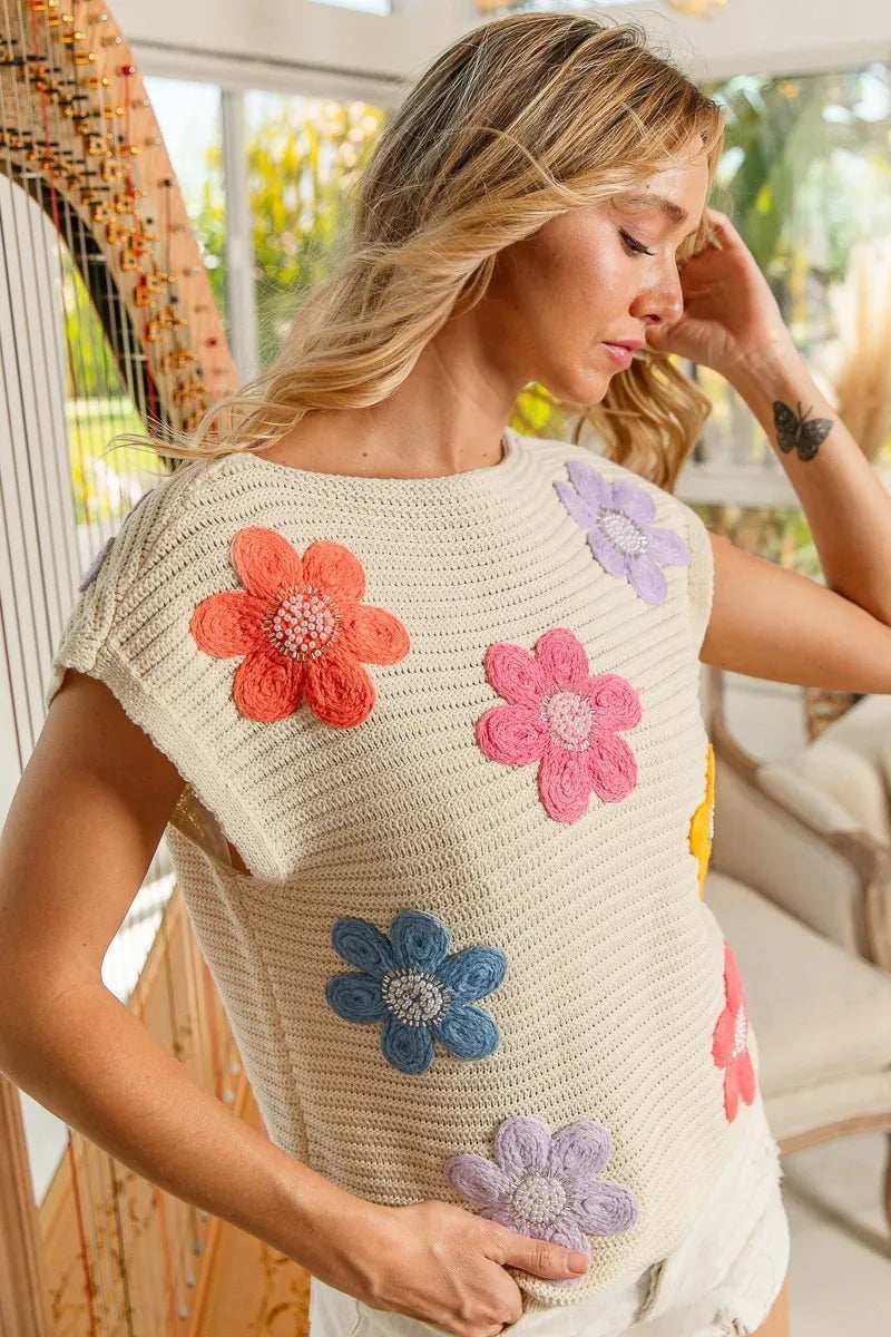 BiBi Multi Jeweled Crochet Flower Patch Sweater Vest - Trendsi - Flyclothing LLC