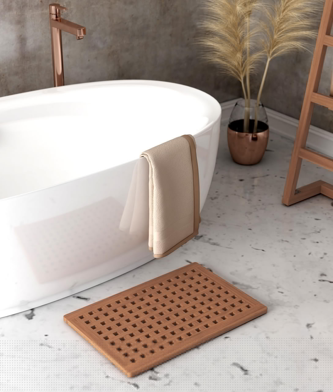 16" Natural Teak Checkered Non Slip Bath Mat - HomeRoots - Flyclothing LLC